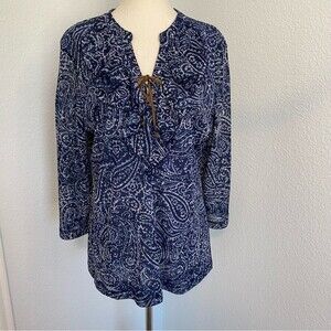 Chaps Blue Paisley Floral Abstract Ruffle V Neck Lace Up Leather Tie SZ XL